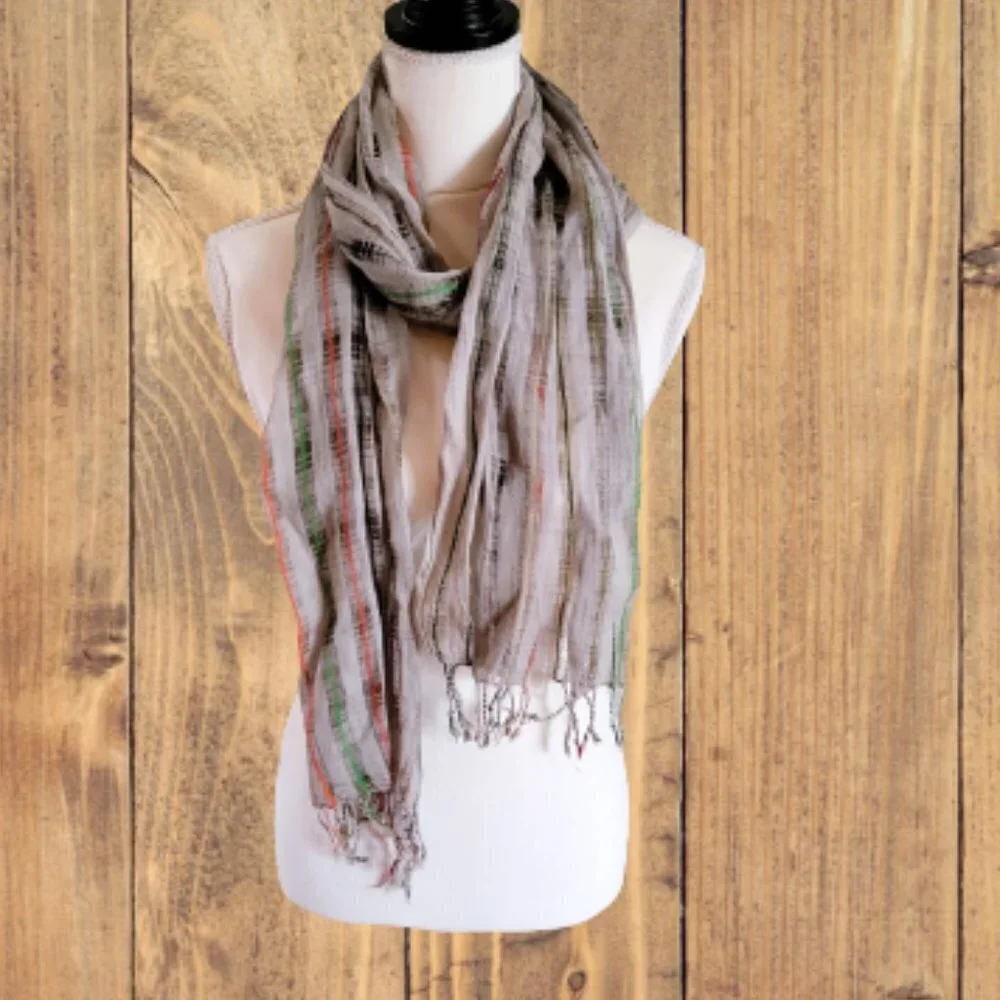 Pretty Scarf in Gray with Multiple Colors and Fringe Edges‎